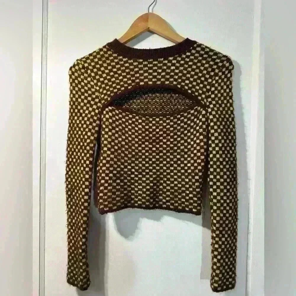 Zara Checkered Cut-Out Jacquard Long Sleeve Pullover